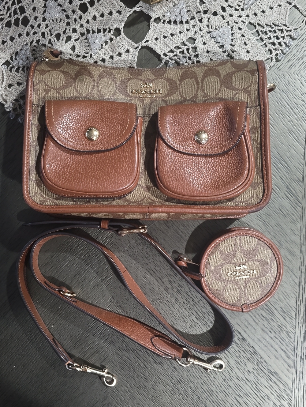 Coach Brown Signature Canvas Crossbody with Leather Pockets